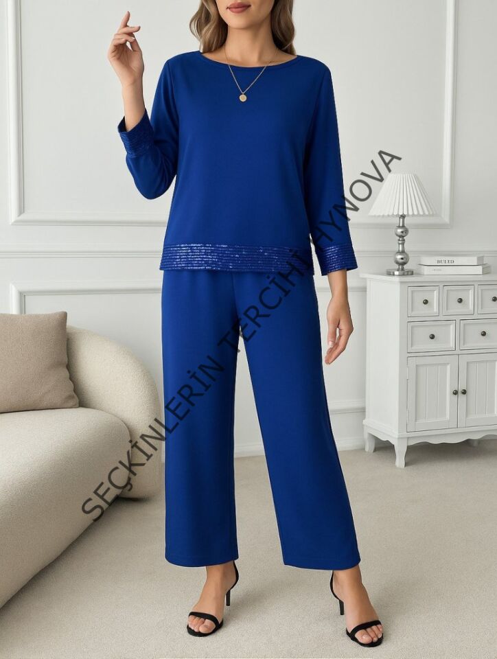 Kadın Uzun Kollu Bisiklet Yaka Pulpayetli Viskon Iki Iplik Bluz Ve Pantolon Ikili Takım