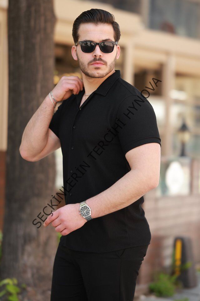 Erkek Ottoman Kumaş Apaj Yaka Kısa Kollu Gömlek