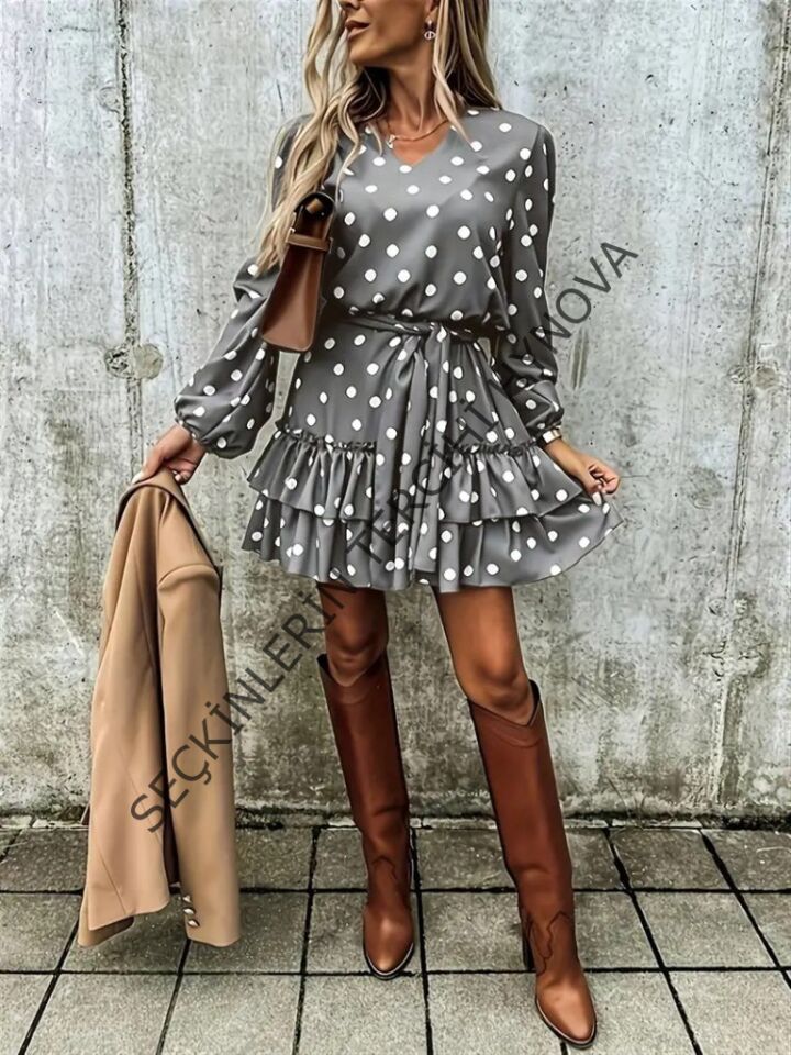 Kadın Uzun Kollu V Yakalı Belden Kuşaklı Puantiyeli Mini Modal Elbise