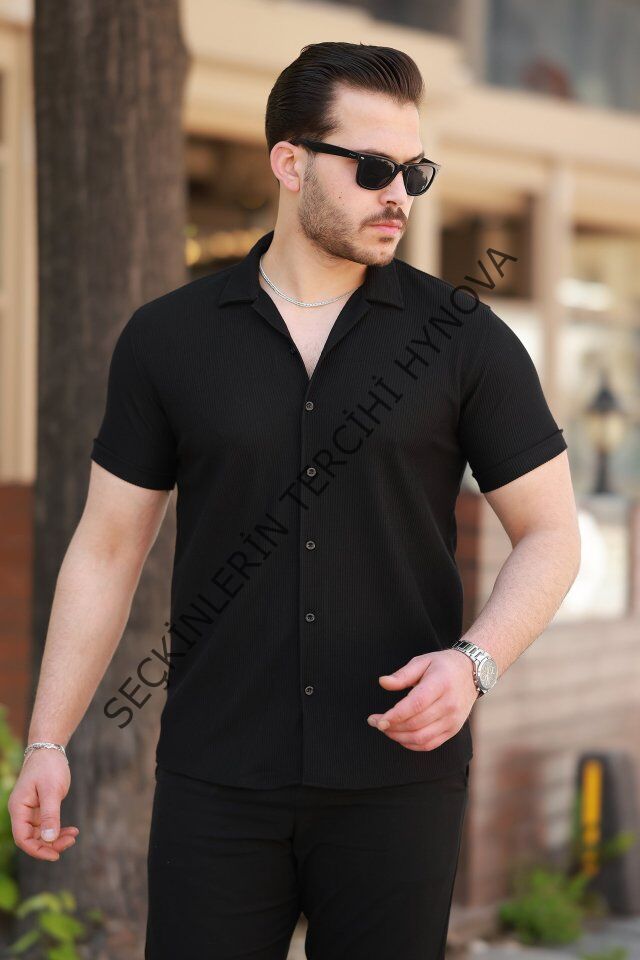 Erkek Ottoman Kumaş Apaj Yaka Kısa Kollu Gömlek