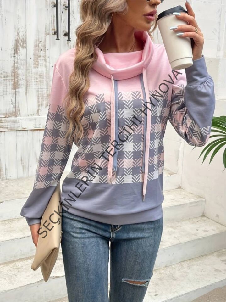 Kadın Uzun Kollu Balıkçı Yaka Bağcıklı Desenli şardonlu Dalgıç Bluz