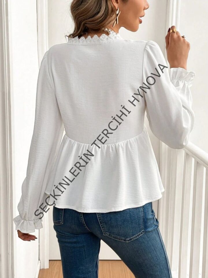 Kadın Uzun Kollu V Dantel Yaka Aerobin Bluz