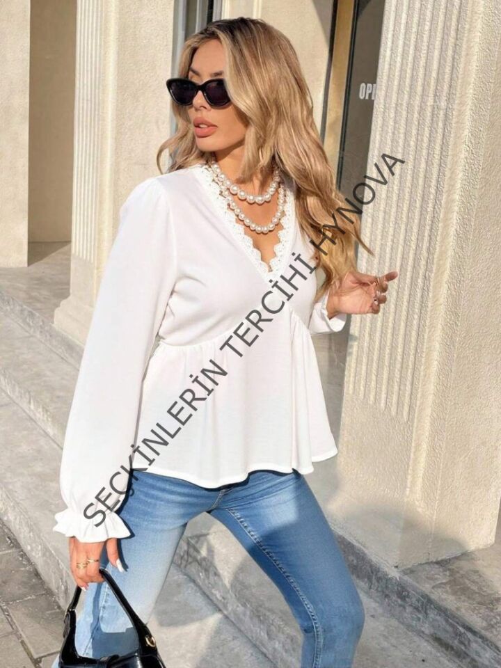 Kadın Uzun Kollu V Dantel Yaka Aerobin Bluz