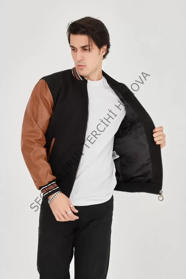 Erkek İçten Elyaf Ve Astarlı Kolları Suni Deri Ceket - Kahverengi