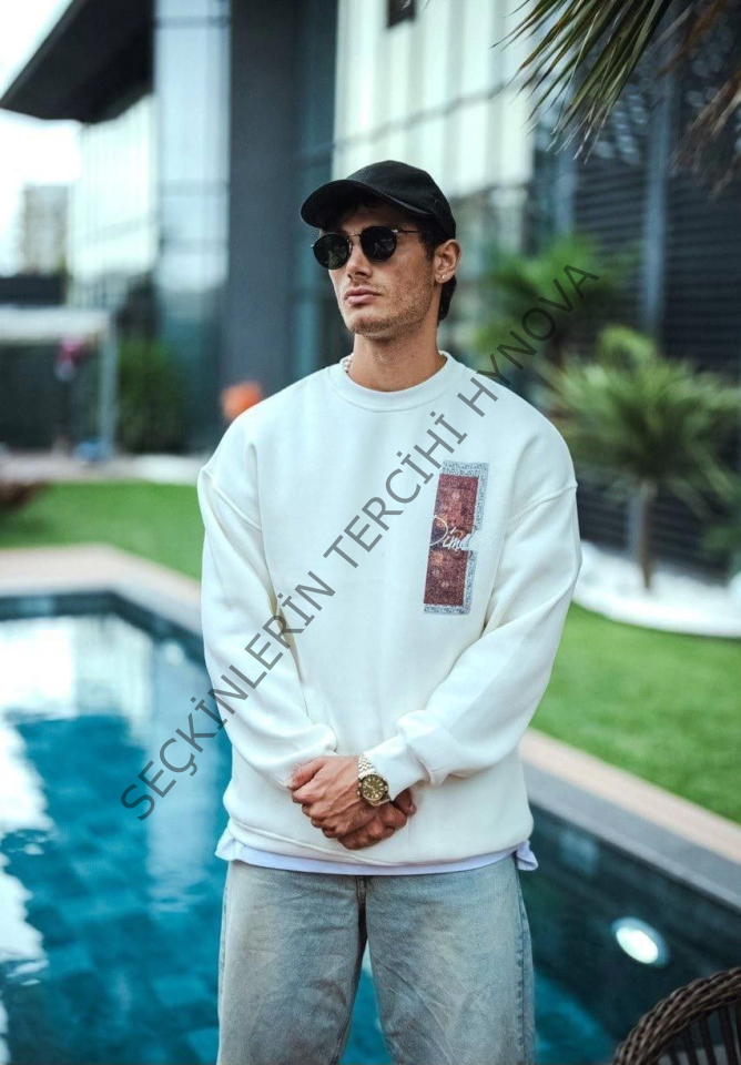 Uzun Kol Bisiklet Yaka Ön Ve Arka Baskılı SweatShirt - Beyaz