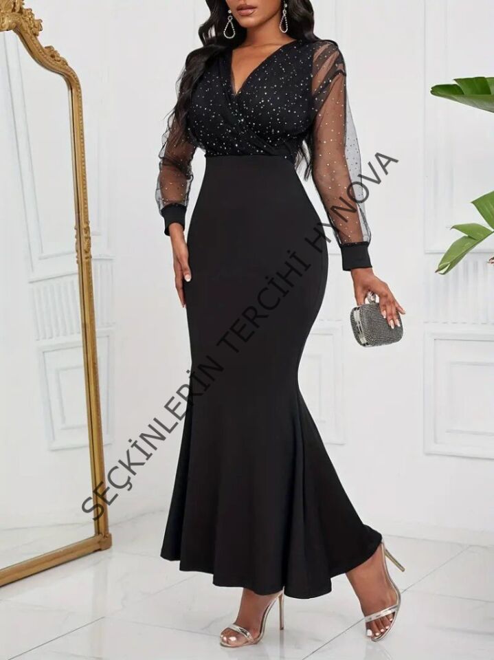 Kadın Uzun Kollu Kruvaze Yakalı Taş Ve Tül Detaylı Uzun Ithal Krep Elbise