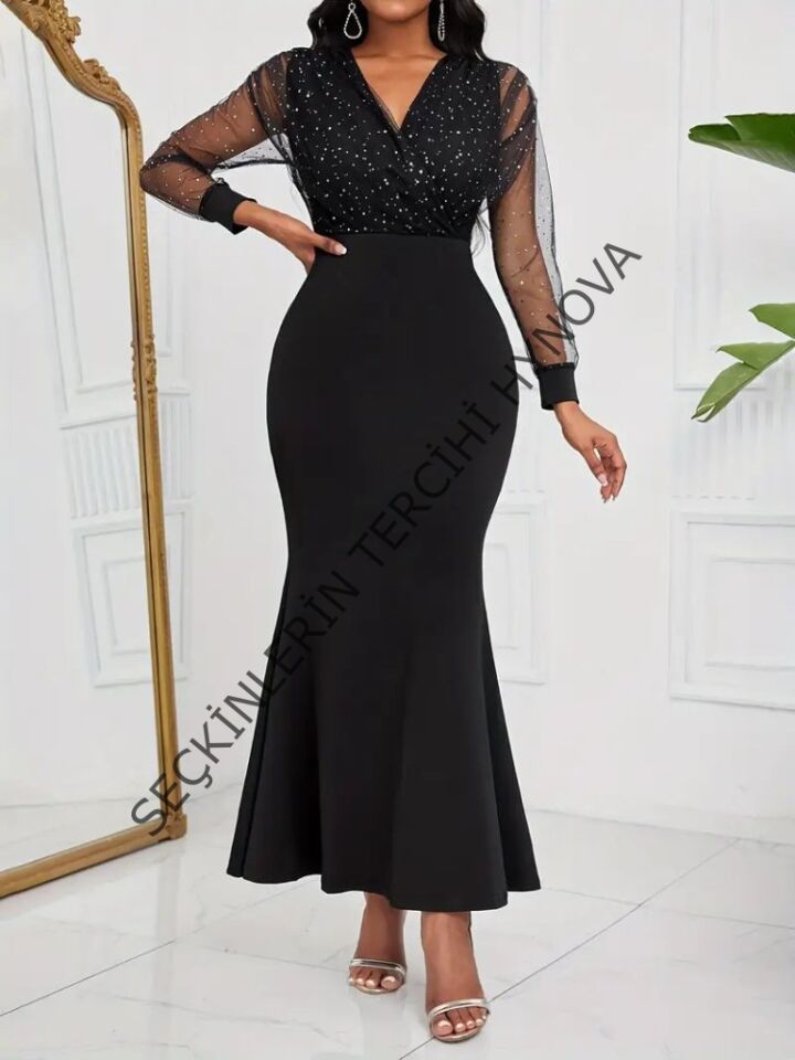 Kadın Uzun Kollu Kruvaze Yakalı Taş Ve Tül Detaylı Uzun Ithal Krep Elbise