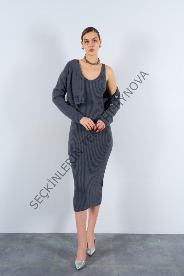 Fitilli Elbise Hırkalı Takım - Füme