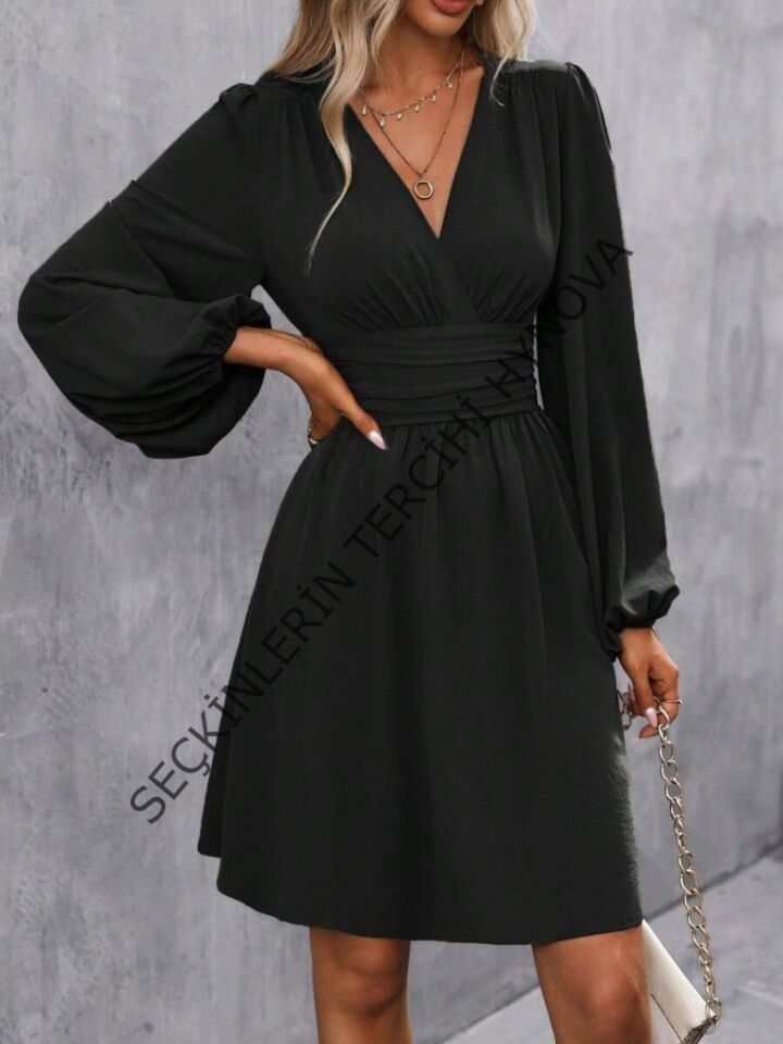 Kadın Uzun Kollu Kruvaze Yakalı Bel Korsajlı Mini Elbise