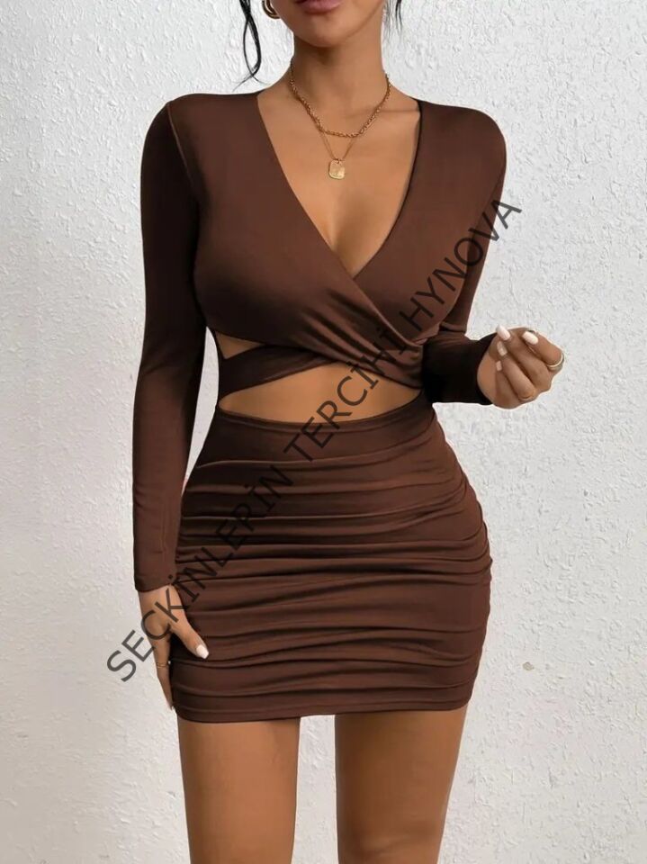 Kadın Uzun Kollu çapraz Dekolte Detaylı Mini Sandy Elbise