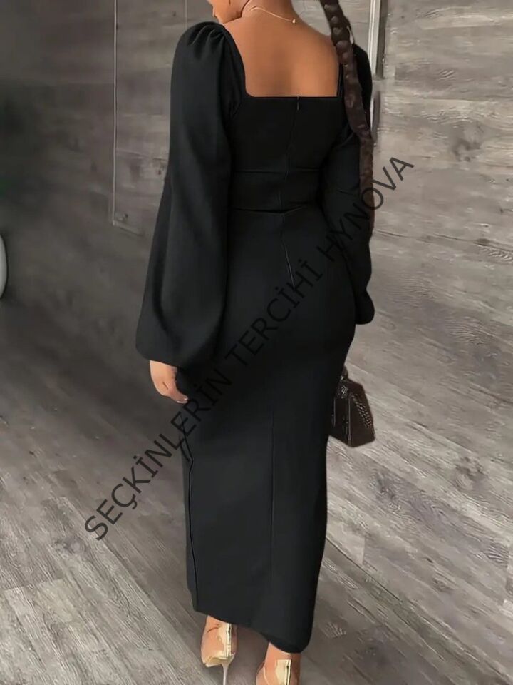 Kadın Uzun Kollu Geometrik Yakalı Yandan Yırtmaçlı Uzun Janjan Krep Elbise