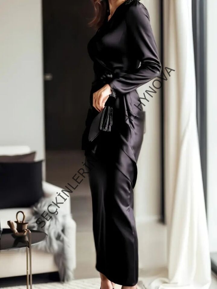 Kadın Uzun Kollu Kruvaze Yakalı Beli Kuşaklı Uzun Saten Elbise