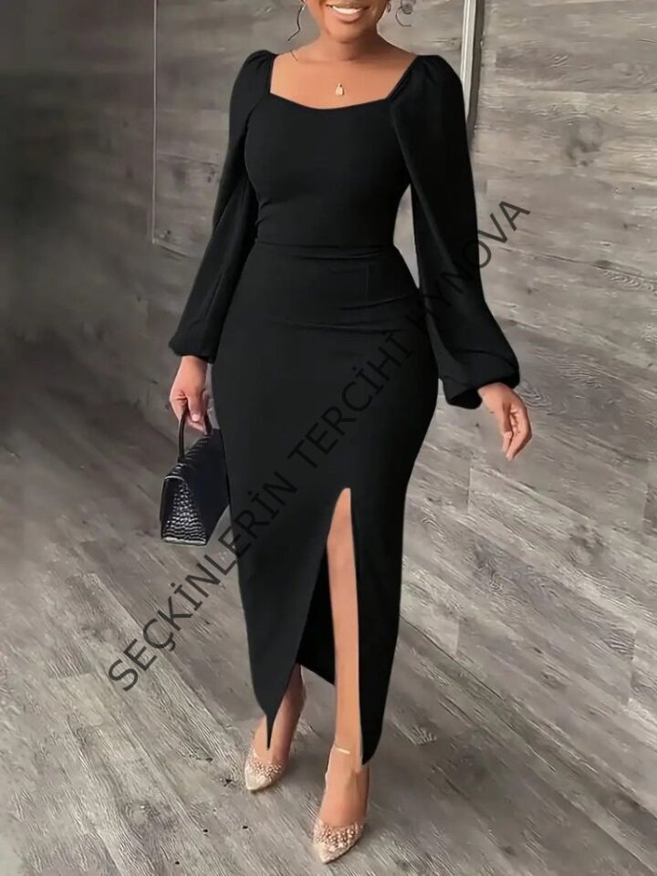 Kadın Uzun Kollu Geometrik Yakalı Yandan Yırtmaçlı Uzun Janjan Krep Elbise