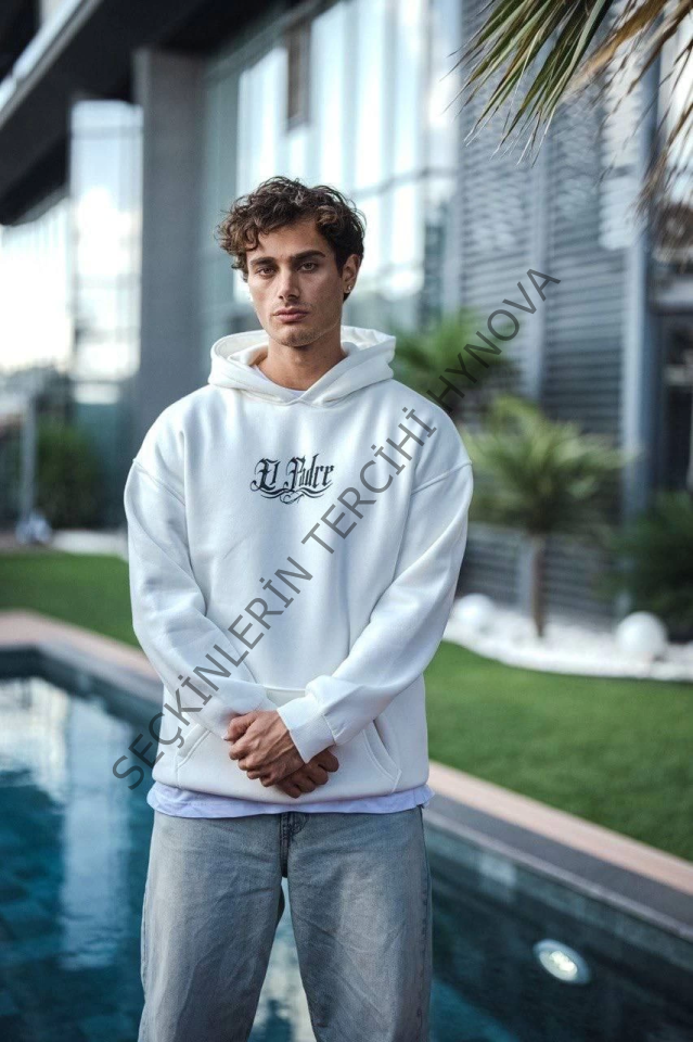 Üç İplik Penye Kapşonlu Baskılı SweatShirt - Beyaz