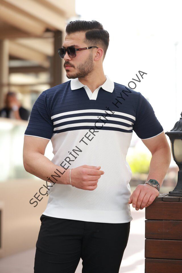 Erkek çizgi Desenli Yakalı Kısa Kollu T-shirt