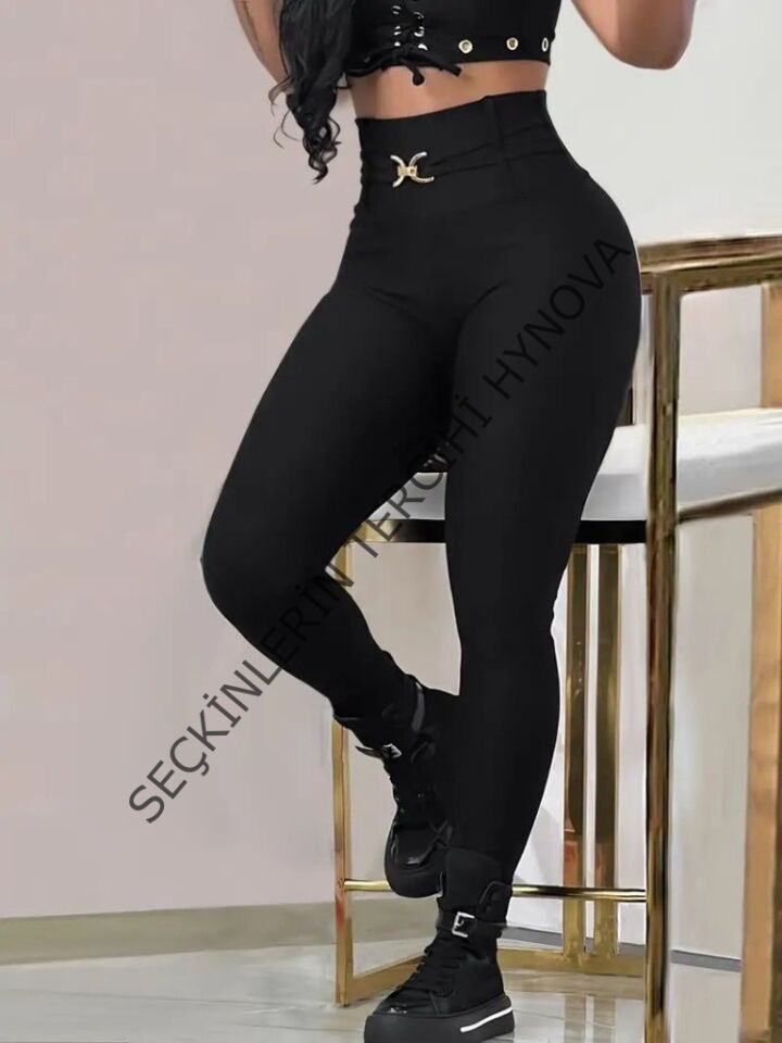 Kadın Yüksek Bel Belden Toka Detaylı Dalgıç Tayt