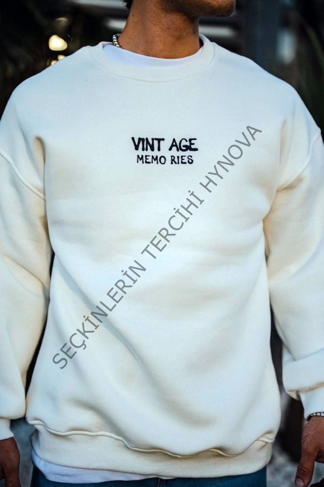 Oversize Bisiklet Yaka Üç İplik Baskılı SweatShirt - Beyaz