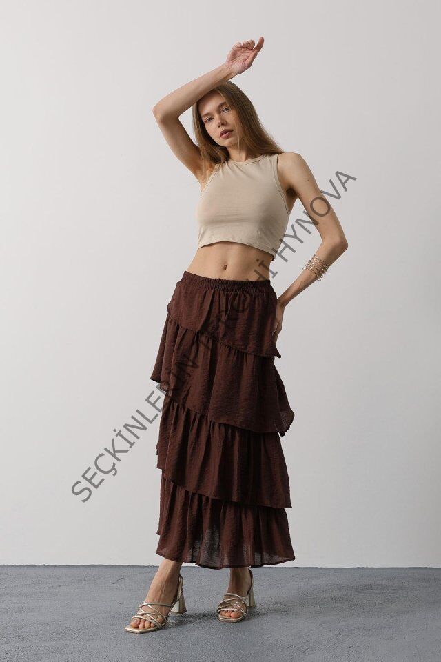 Katlı Kesim Uzun Etek - Kahve