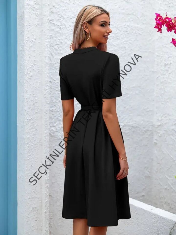 Kadın Kısa Kollu Düğmeli Ve Kemerli Atlas Elbise