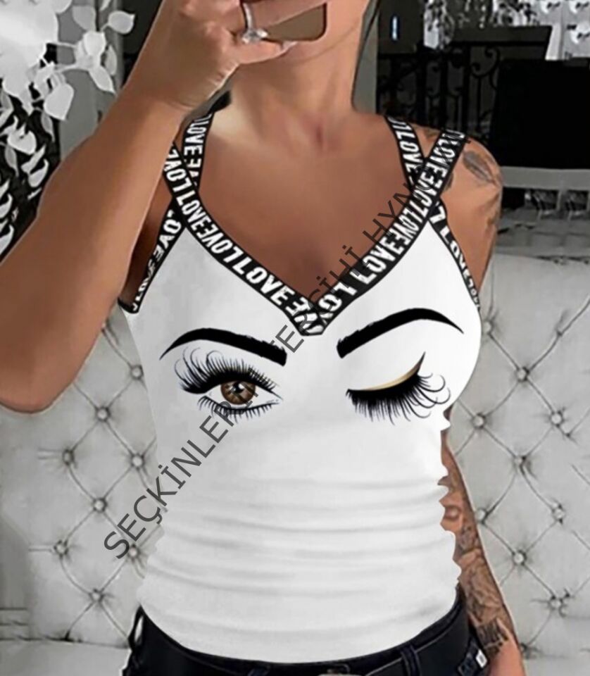 Kadın çapraz şeritli Göz Baskılı Viskon Bluz