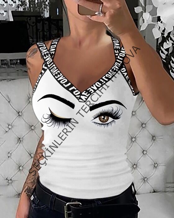 Kadın çapraz şeritli Göz Baskılı Viskon Bluz