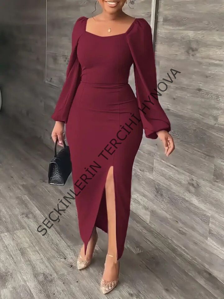 Kadın Uzun Kollu Geometrik Yakalı Yandan Yırtmaçlı Uzun Janjan Krep Elbise