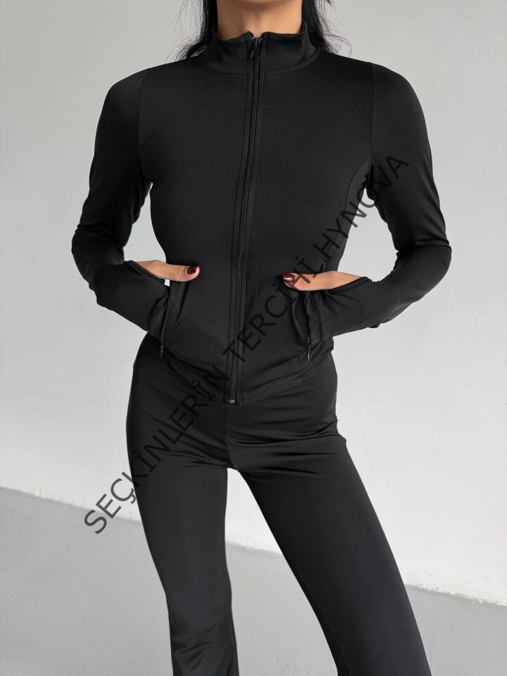 Kadın Balıkçı Yaka Cep Detaylı Ceket Ve Ispanyol Paça Spor Ikili Takım