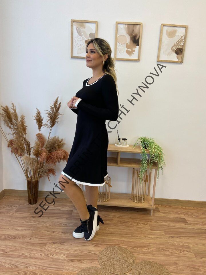 Kadın Uzun Kollu Derin Yuvarlak Yakalı Kısa Viskon Iki Iplik Elbise