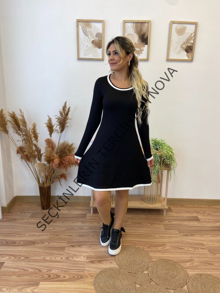 Kadın Uzun Kollu Derin Yuvarlak Yakalı Kısa Viskon Iki Iplik Elbise