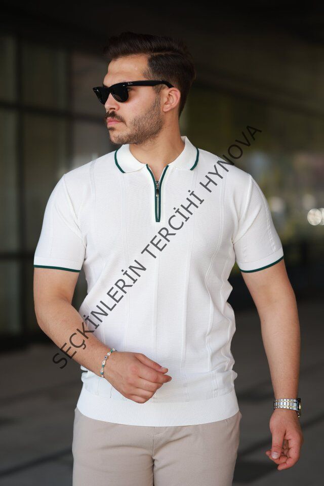 Erkek Dikey Kabartmalı Örgü Dokulu Fermuar Yakalı Tişört