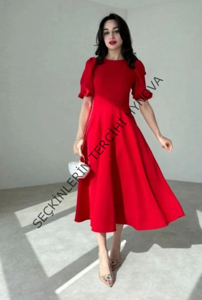 Kadın Kısa Balon Kollu Bisiklet Yaka Geniş Kesim Janjan Krep Elbise