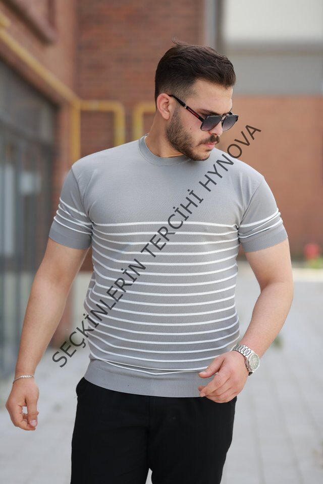 Erkek çizgi Desenli Bisiklet Yaka Kısa Kollu T-sihrt