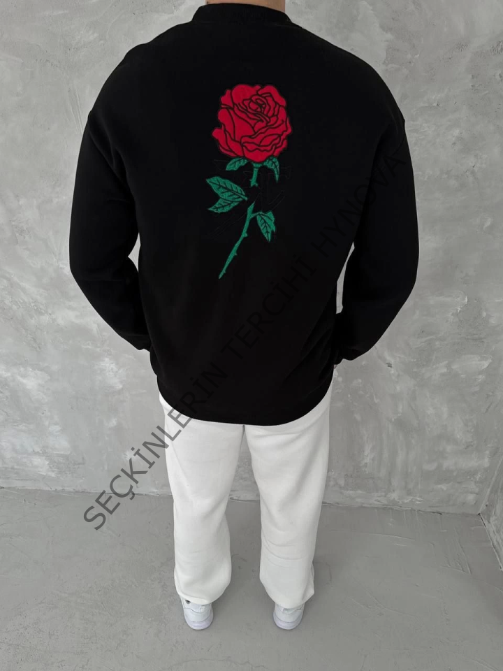 Unisex Bisiklet Yaka Ön Ve Arka Baskılı SweatShirt - Siyah