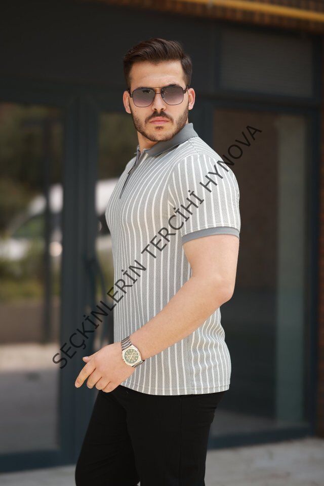 Erkek çizgili Fermuar Yakalı Kısa Kollu Tişört