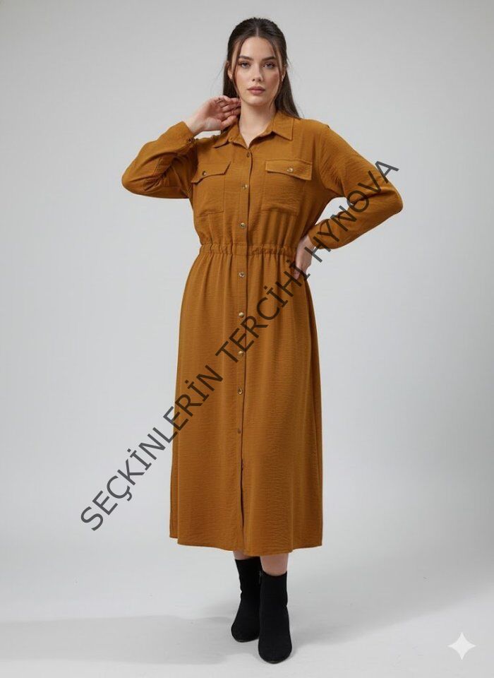 Kadın Uzun Kollu Beli Lastik Ve Düğme Detay Gömlek Elbise
