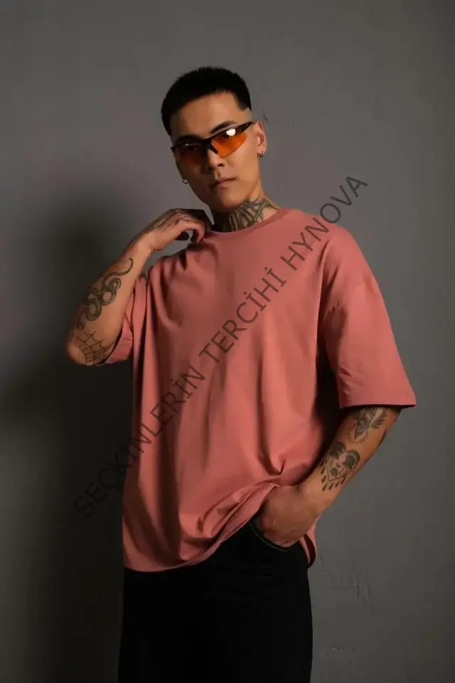 Erkek 24/1 Düz A Kalite Oversize T-shirt - Gül Kurusu