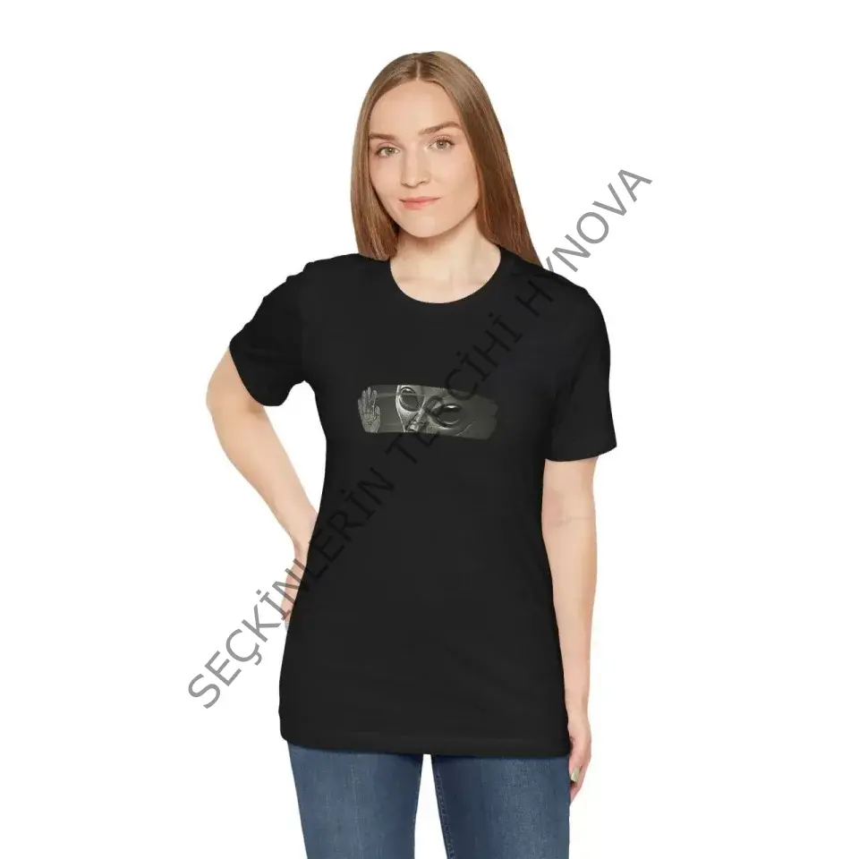 Unisex Bisiklet Yaka Baskılı T-Shirt - Siyah