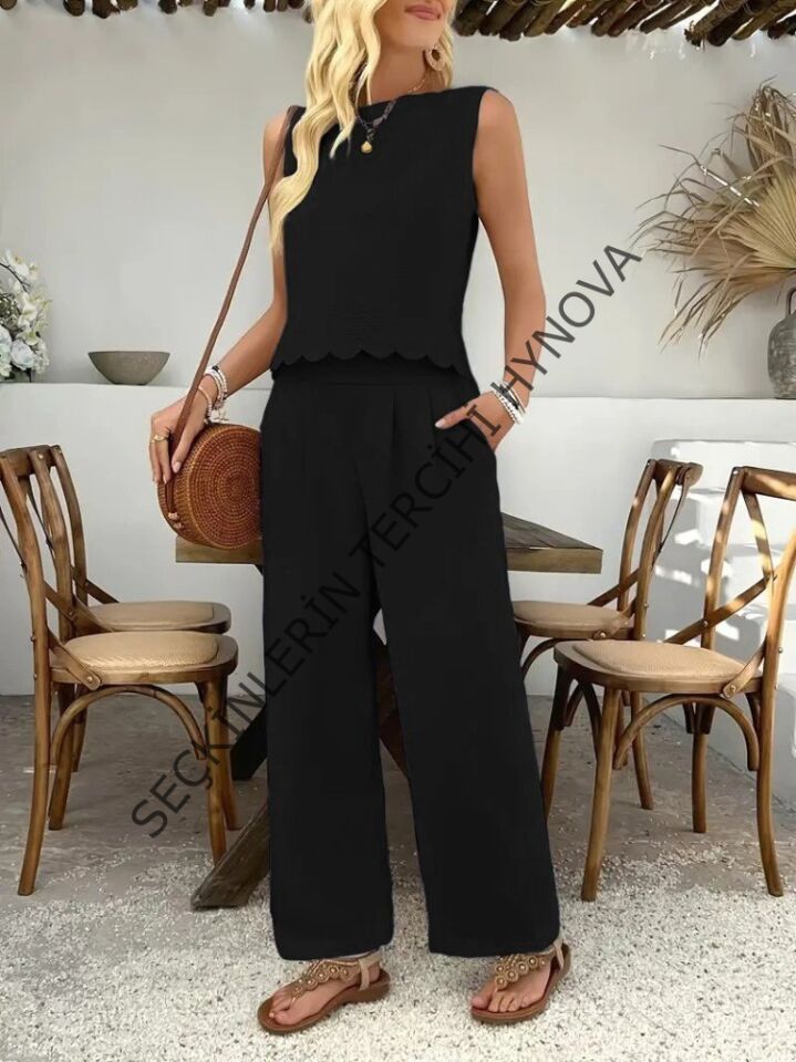 Kadın Sıfır Kollu Bisiklet Yaka Arkadan Bağlamalı Aer8bin Bluz Ve Pantolon Ikili Takım