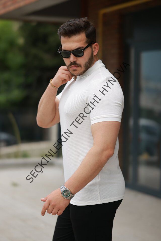 Erkek Yakalı Waffle Dokulu Kısa Kollu Tişört