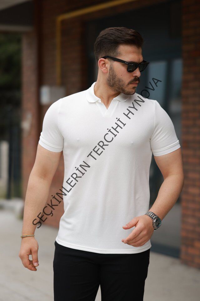 Erkek Yakalı Waffle Dokulu Kısa Kollu Tişört