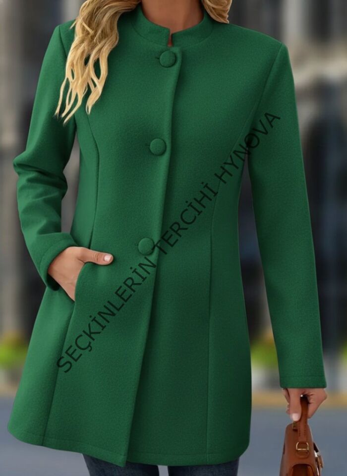 Kadın Uzun Kollu Hakim Yakalı önden Düğmeli Cep Detaylı Kısa Taba Kaşe Kaban