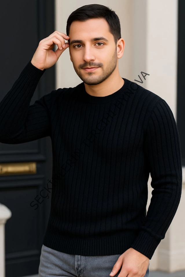 Erkek Bisiklet Yuvarlak Yaka Triko Kazak Pamuklu Kalın Fitilli Dokuma, Regular Fit Uzun Kollu Kışlık Model - Siyah