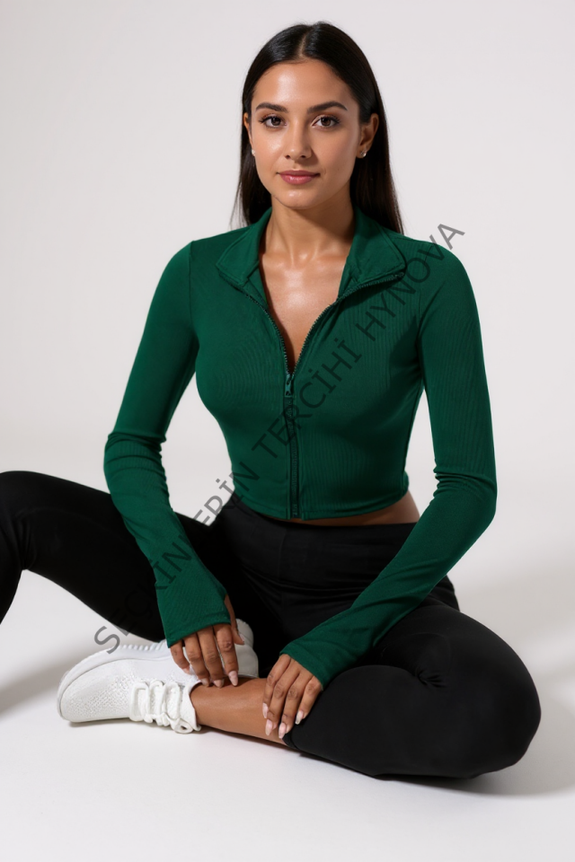 Kadın Yeşil Uzun Kol Fermuarlı Parmak Geçme Detaylı Dik Yaka Crop Top Bluz