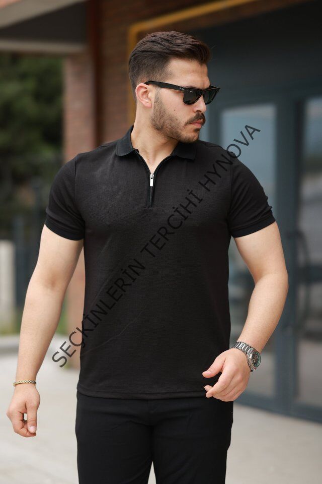 Erkek Fermuarlı Yaka Kısa Kollu Tişört
