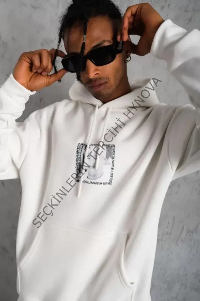 Erkek Ön Arka Baskılı Kapşonlu Sweat - Beyaz