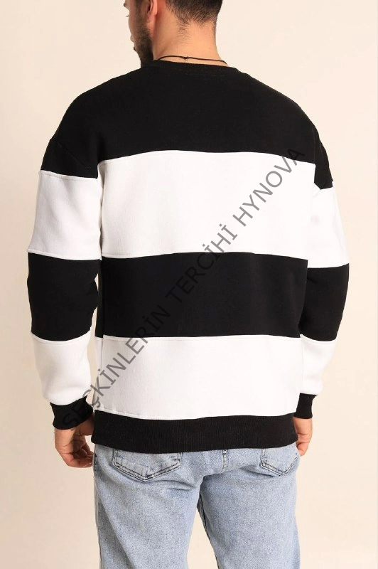 Parçalı Bisiklet Yaka Baskılı SweatShirt - Siyah