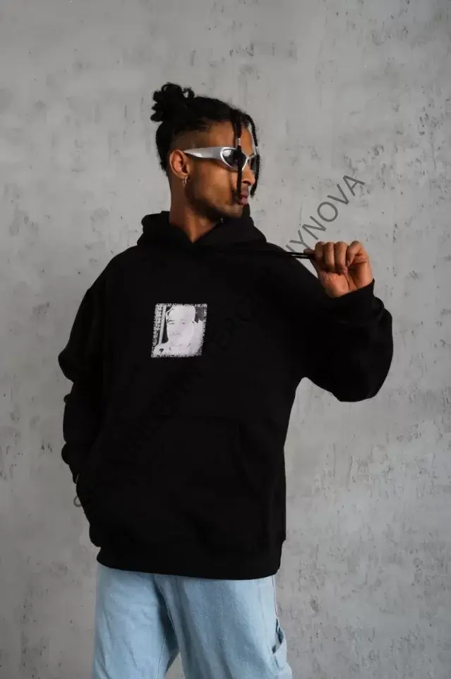 Erkek Ön Arka Baskılı Kapşonlu Sweat - Siyah