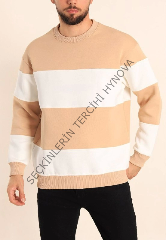 Parçalı Bisiklet Yaka Baskılı SweatShirt - Bej