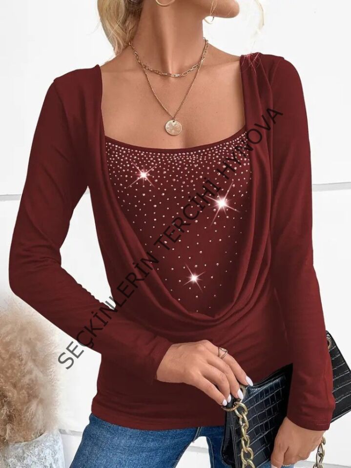 Kadın Uzun Kollu Derin Degaje Yakalı Taşlı Sandy Bluz