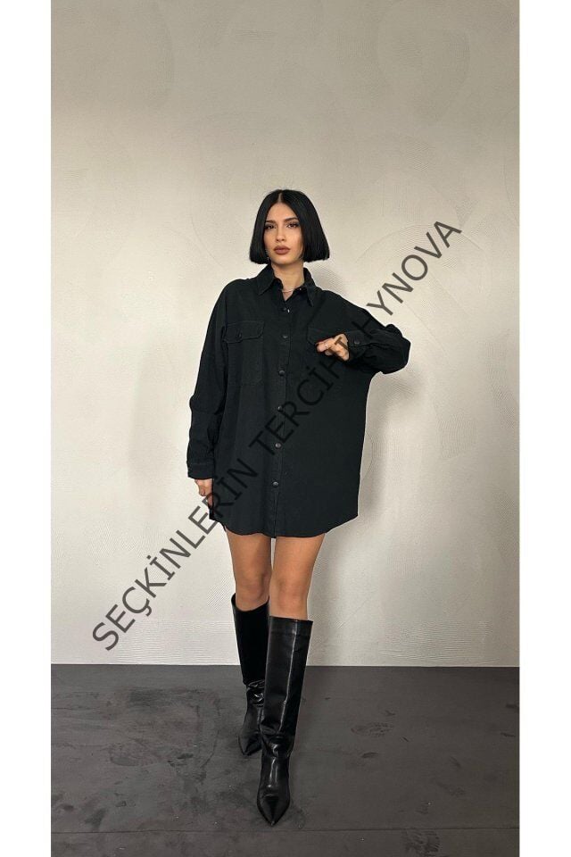 Siyah Çift Cep Kapaklı Çıtçıtlı Gömlek